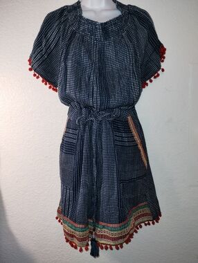 THML Romper Boho Navy Pom Pom Tie-Waist with Colorful Trim Size XL